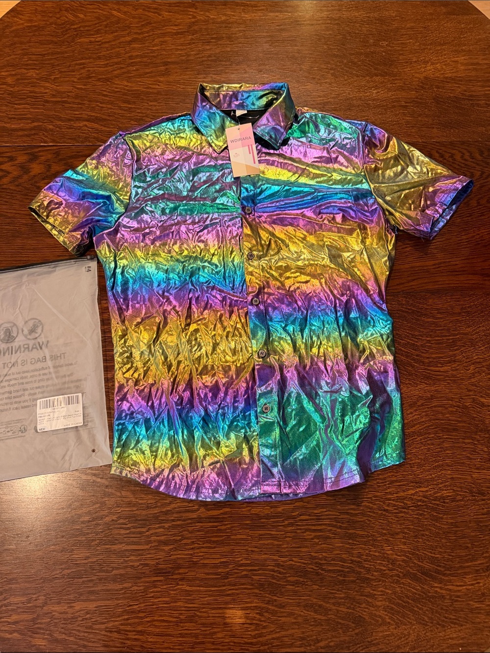 Men's Iridescent Rainbow Short-Sleeve Button-Down Shirt 70s 80s disco costume